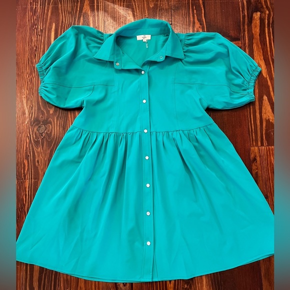 ENTRO Kelly Green Babydoll Style Collared Puff Sleeve Dress Pearl Snap - Picture 2 of 11
